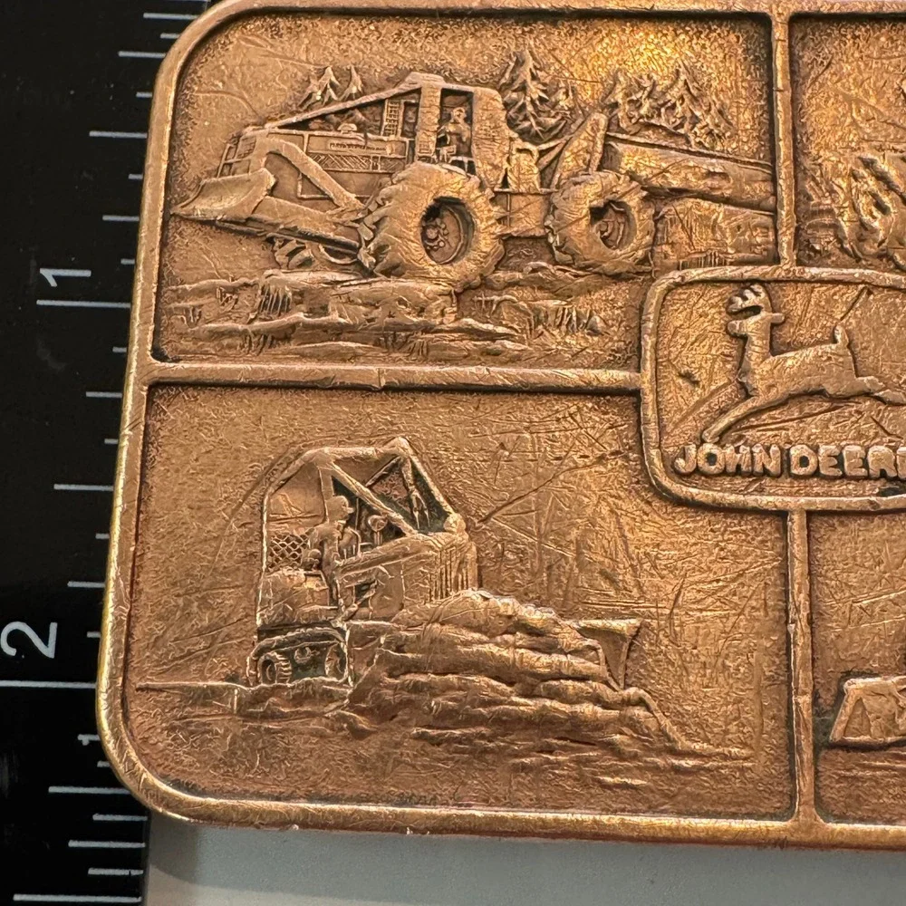 John Deere‎ Belt Buckle Vintage Copper Heavy Duty Farm Equipment Scenes
